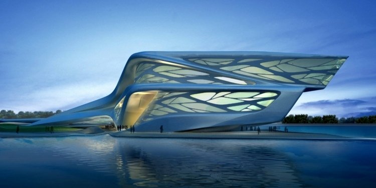 futuristic architecture abstract building water dubai zaha hadid