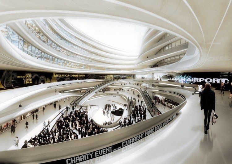 futuristic architecture interior shopping mall curved lines