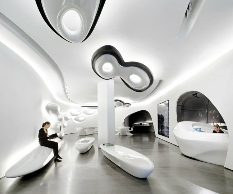 futuristic architecture roca hall reception white floor oraganic